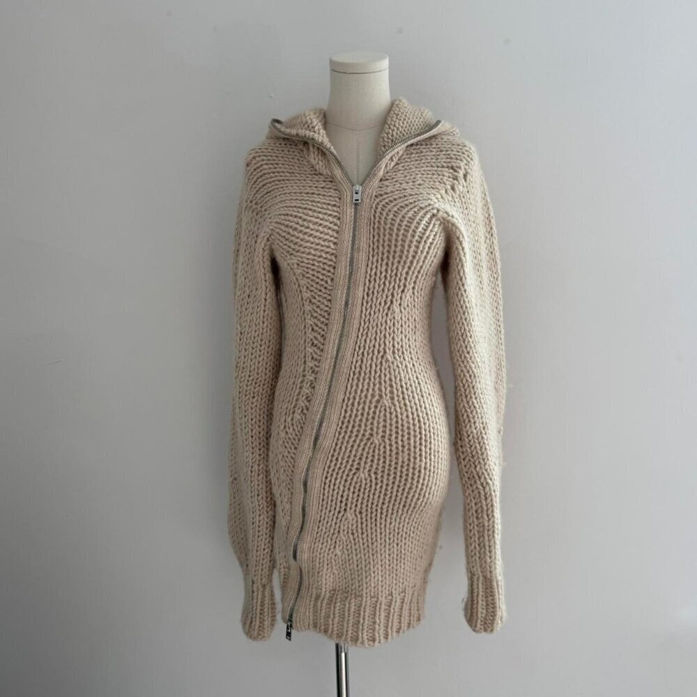 Acne Studios Knit Hooded Dress (Ecru Beige) | Asymmetric 2-Way Zip | Women’s Siz